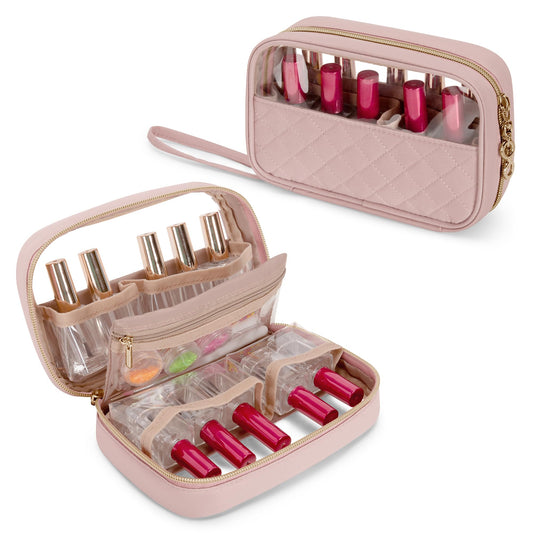 Yarwo Nail Polish Organizer Holds 10 Bottles (15ml/0.5 fl.oz), Small Nail Polish Travel Bag with Visible Window, Multifunctional Nail Art Carrying Case for Manicure Kit, Dusty Rose (Bag Only)