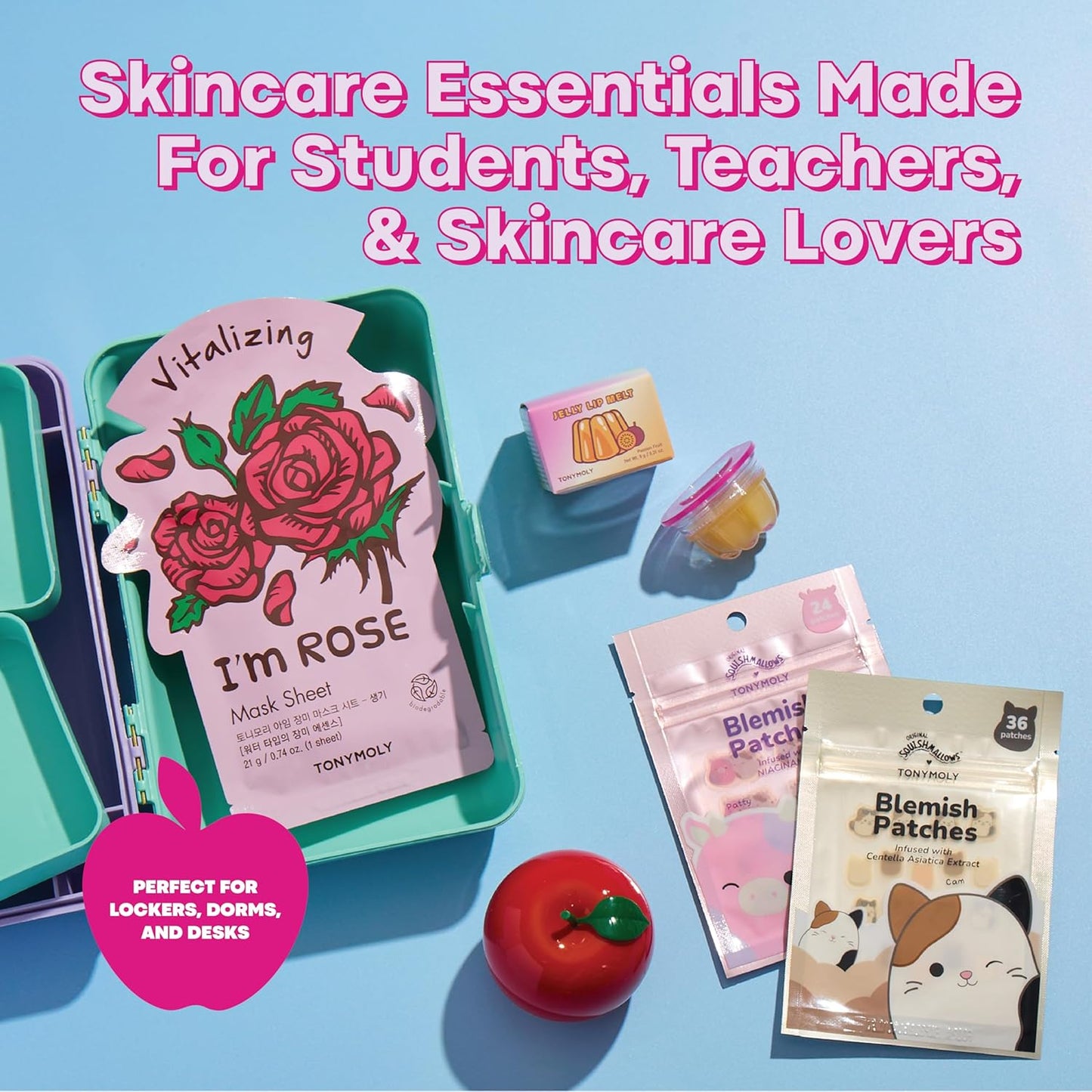 TONYMOLY K-Beauty Skincare Set - Hydrating Sheet Mask, Jelly Lip, Hand Cream & Blemish Patches | Mini Tote for Glowing Skin