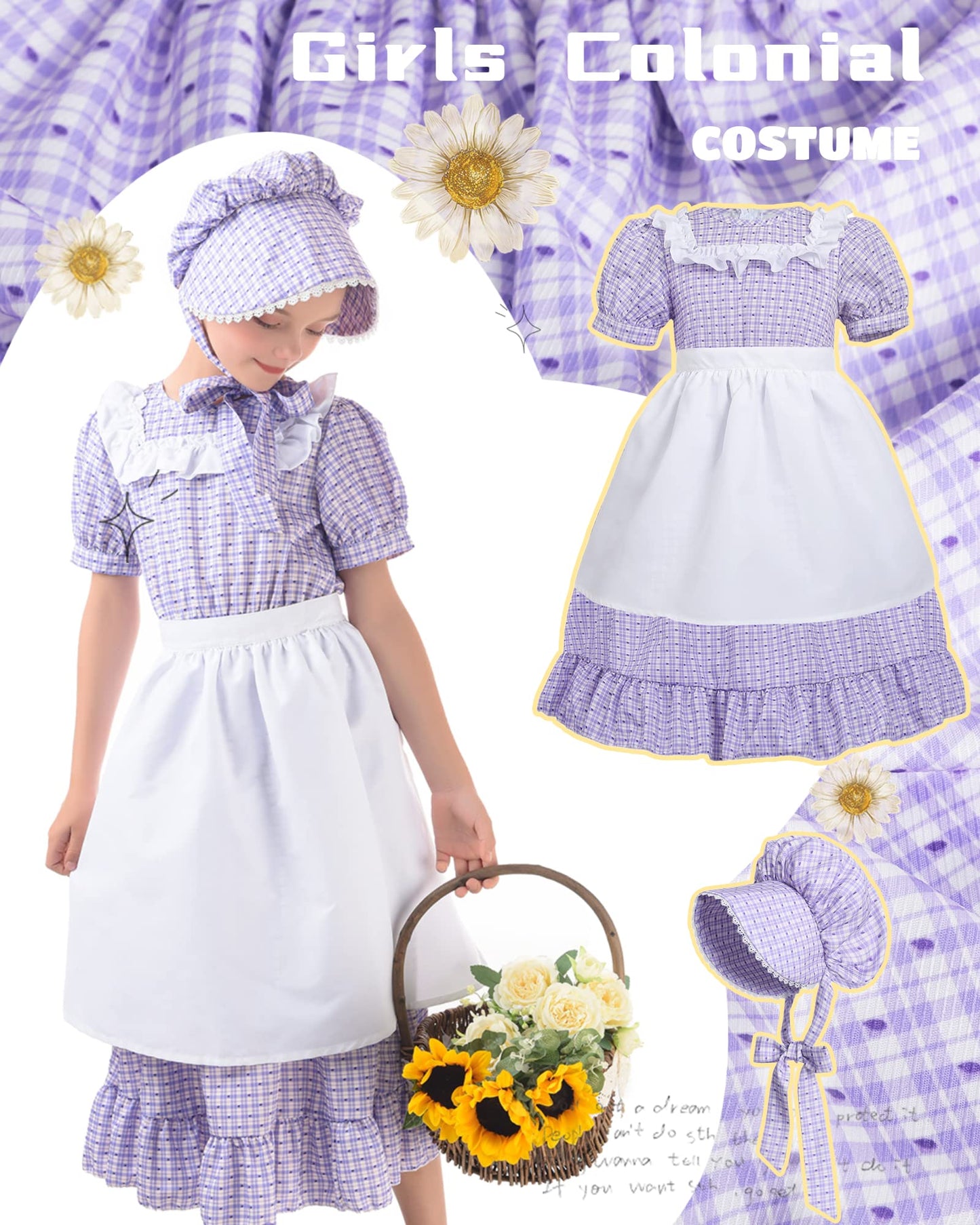 NSPSTT Pioneer Dresses for Girls Colonial Costume Prairie Dresses for Girls Polka Dot Dress, Purple XXL