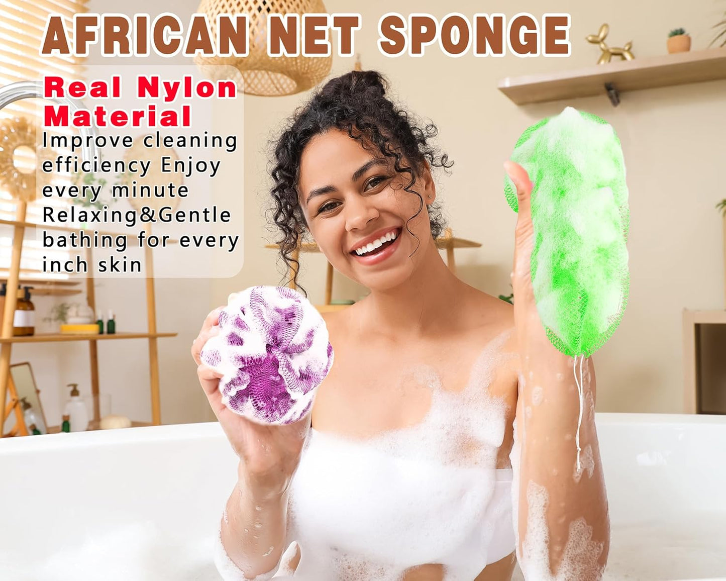 Skiennix Exfoliating Body Scrubber - 2 Pack African Net Sponge for Daily Use | Light Purple & Green