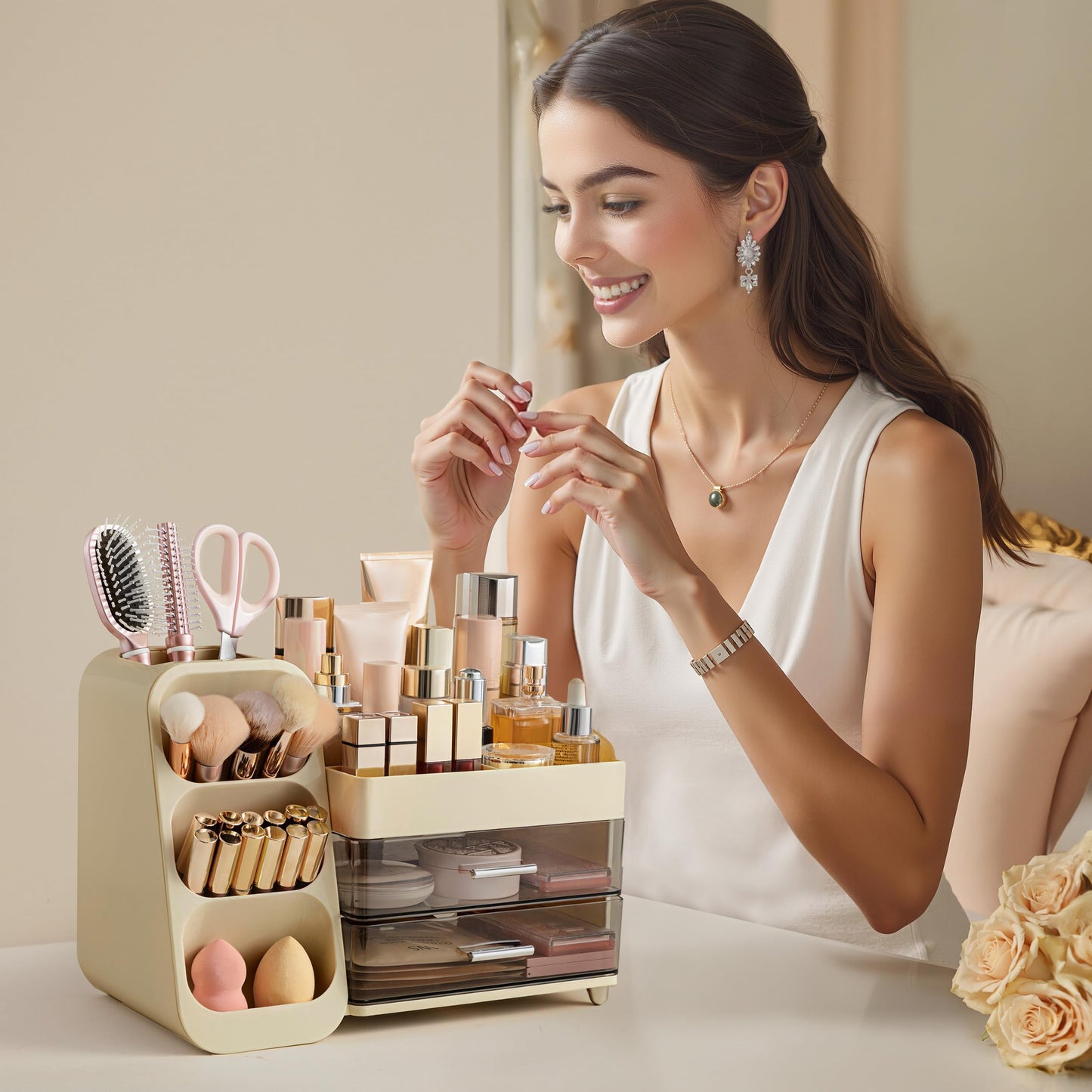 HBlife Makeup Organizer with Brush Holder for Vanity, Large Plastic Bathroom Countertop Organizer Skin Care Storage, Easy to Store Lipsticks, Nail Polishes, Perfumes, Eyeshadow Palettes, Beige