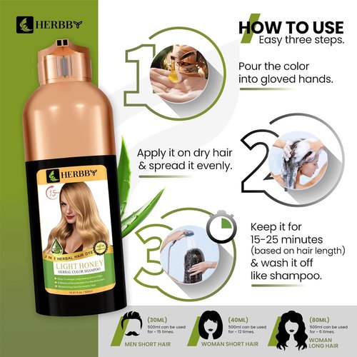 HERBBY Hair Color Shampoo - Gray Hair Coverage & Color Transformation with 9 Herbal Extracts | Long-Lasting Shine, 500ml (Light Honey Color)