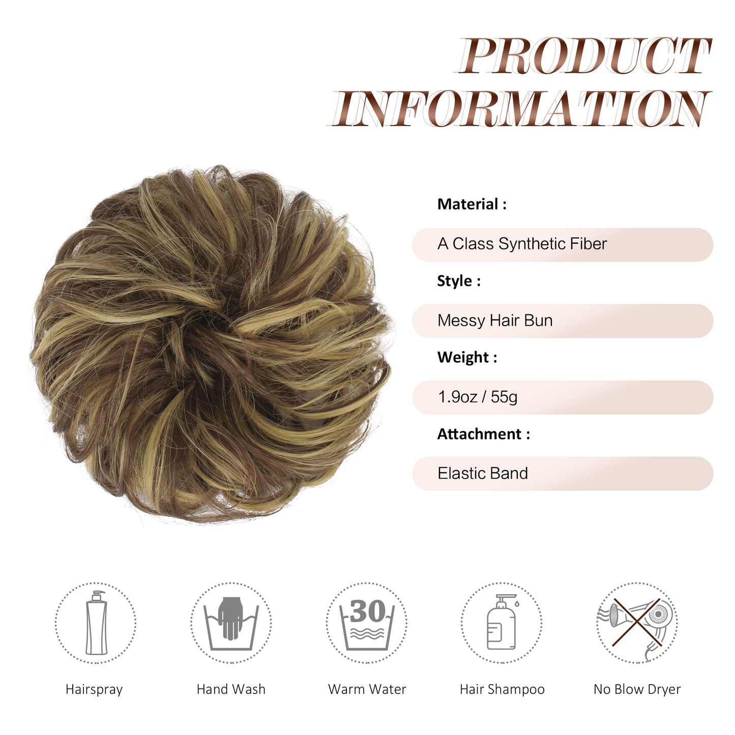 FESHFEN Messy Hair Bun Hair Pieces Wavy Curly Large Hair Bun Scrunchies Extensions Synthetic Chignon Hairpieces for Women Girls, Blonde & Medium Brown 1.94oz