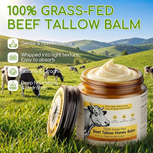 Beef Tallow | Whipped Tallow and Honey Balm Cream - 100% Grass-Fed Face Moisturizer, Unscented 4.2 OZ
