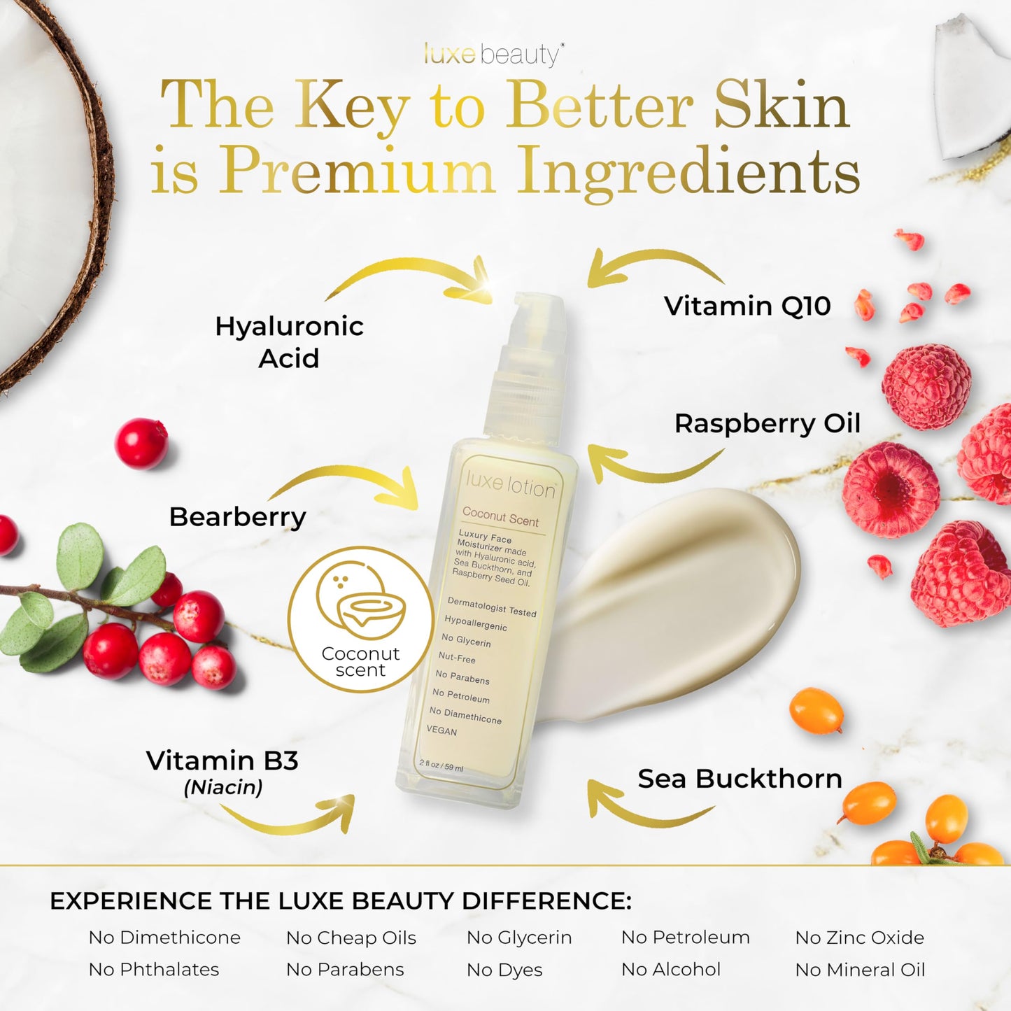 Luxe Beauty Non-Greasy Hyaluronic Acid Moisturizer – Coconut-Scented Lotion, Silicone-Free, No Fillers – With Organic and Plant-Based Ingredients - Anti-Aging Hydrating Facial Cream – Travel Size 2oz