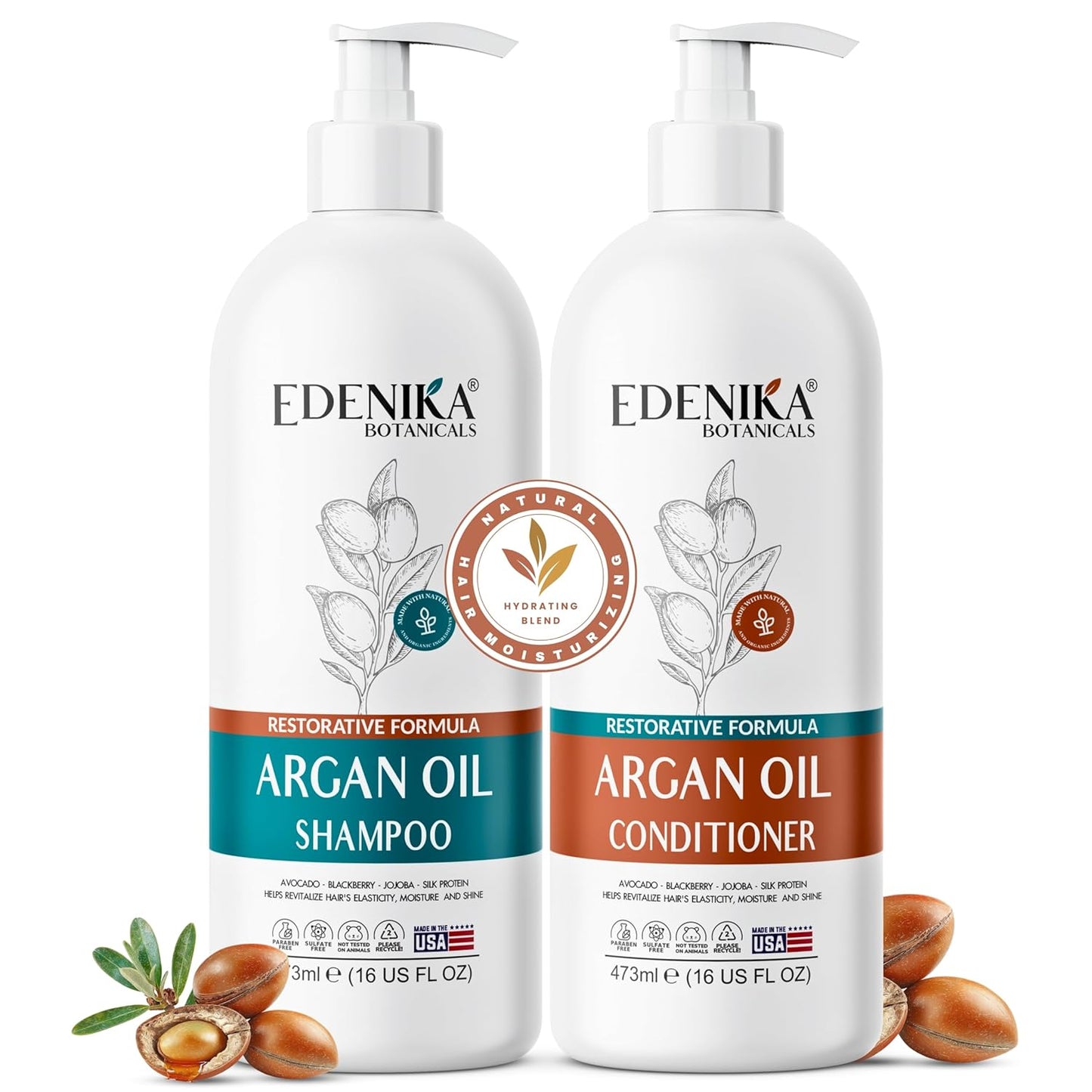 Edenika Botanicals Argan Oil Shampoo & Conditioner Set - Biotin-Infused, Deeply Hydrating, 16 fl oz Each