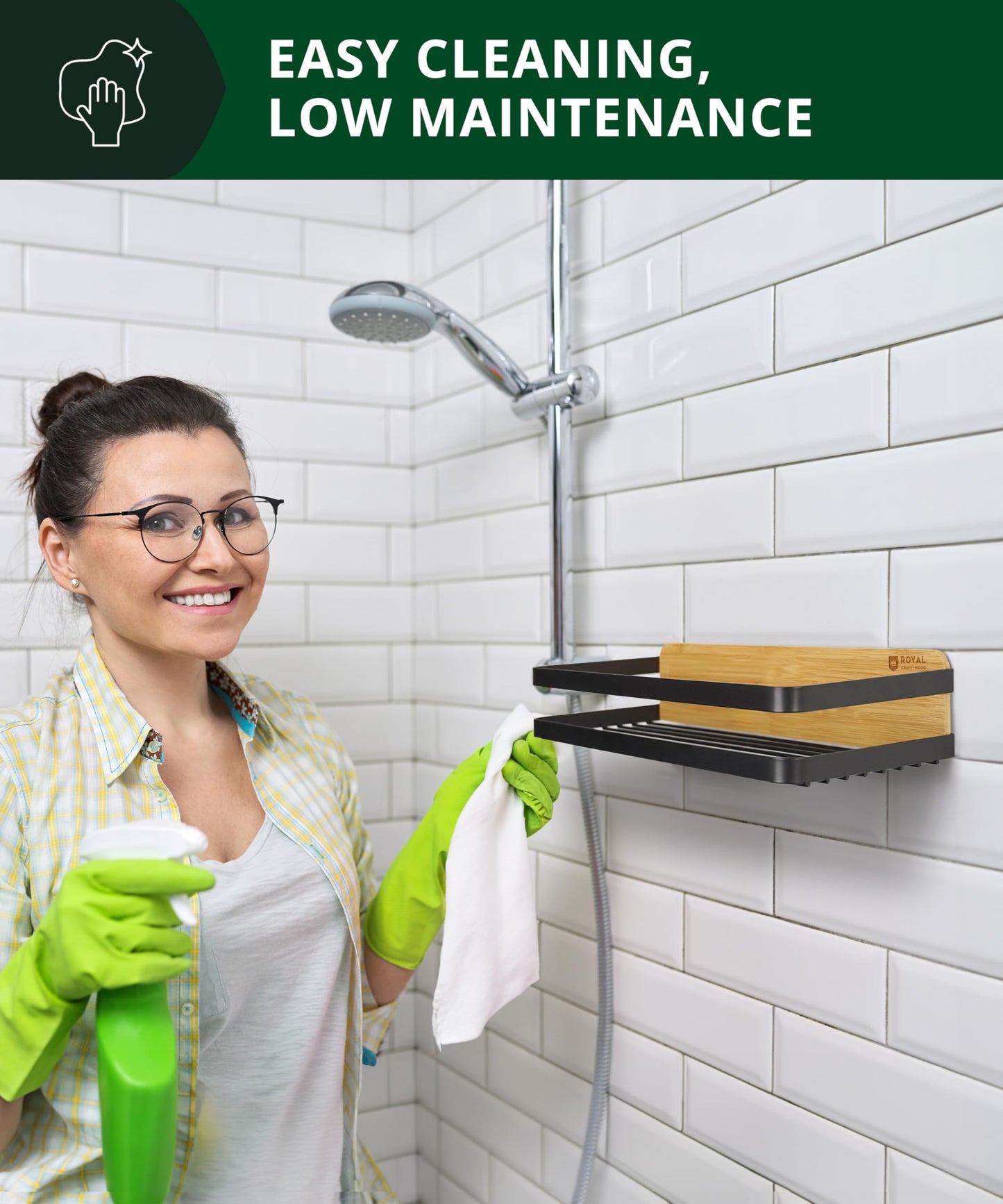 ROYAL CRAFT WOOD Shower Caddy Shelf 2-Pack - Adhesive, No-Drill, Rustproof Bathroom Organizer, Large Capacity Shower Shelves for Home & Bathroom Decor