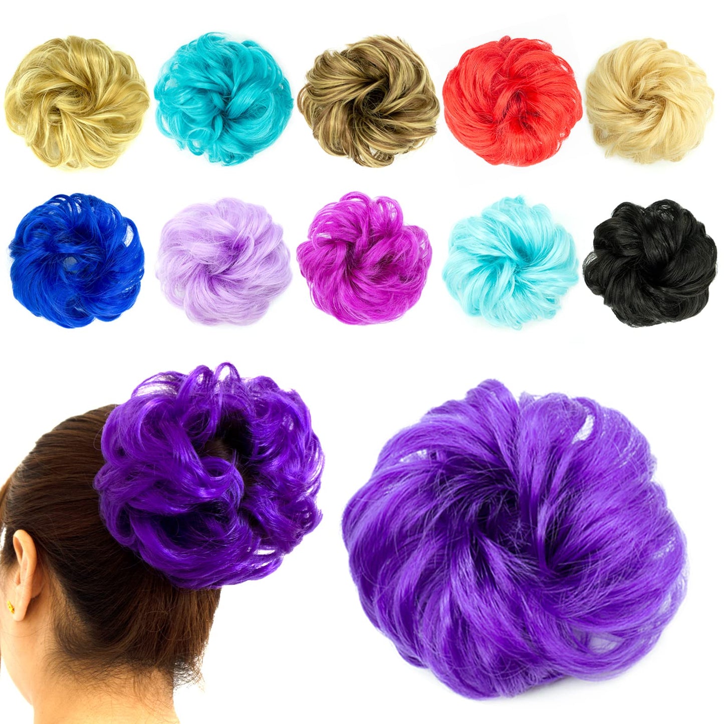 QTHQTFL 1 PCS Messy Bun Hair Piece, Hair Bun Hair Pieces for Women Girls Curly Wavy Synthetic Hair Bun Scrunchies Ponytail Extensions Purple Blue