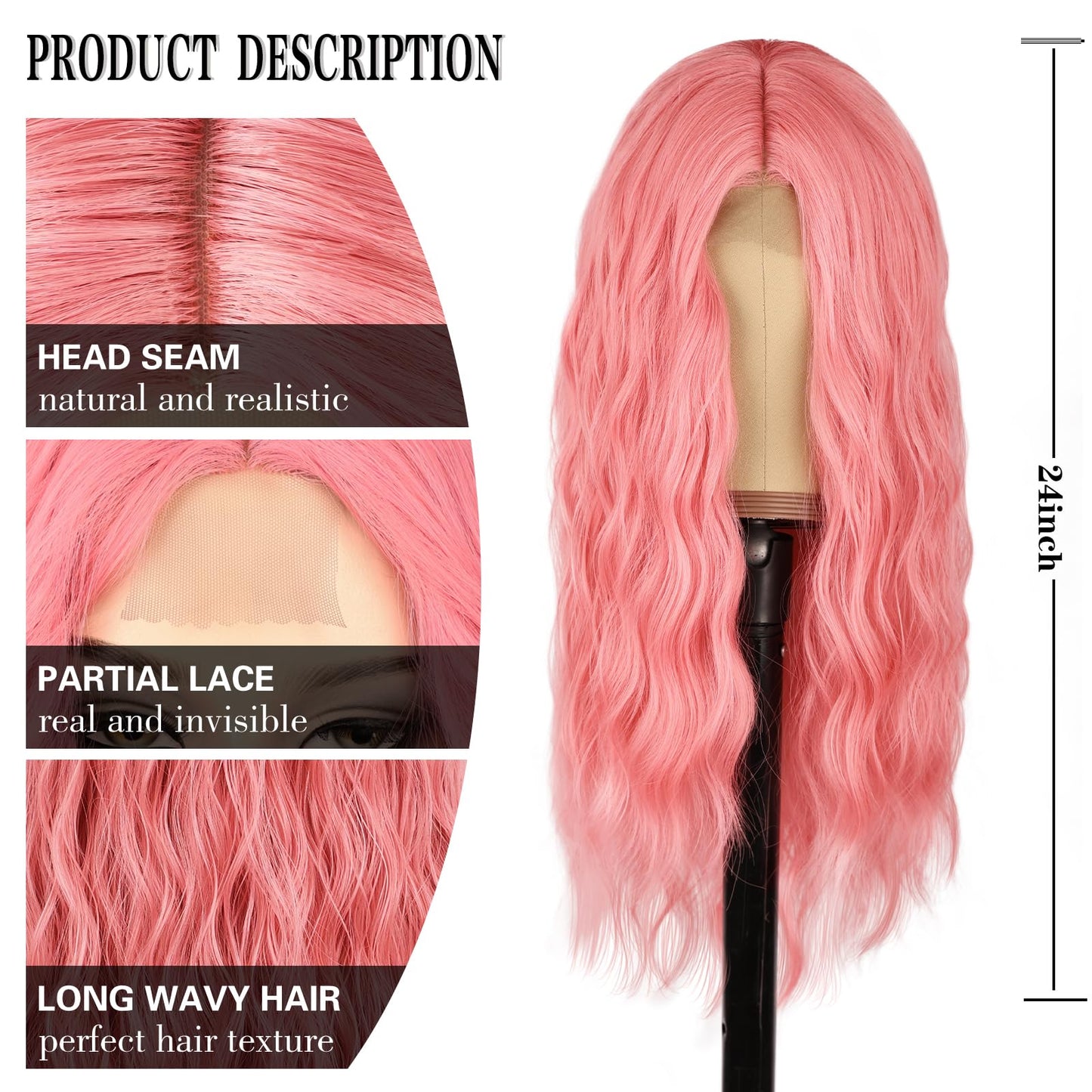 Wirctp Pink Wig Long Wavy Wigs for Women 24 Inch Curly Pastel Pink Synthetic Wig Light Pink Colorful Wig for Daily Cosplay Party Halloween Costume Use