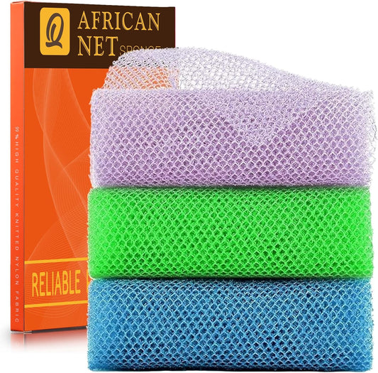 UJFQBH African Exfoliating Net - 3-Piece Bath Sponge Set for Smooth Skin | Purple, Blue, Green