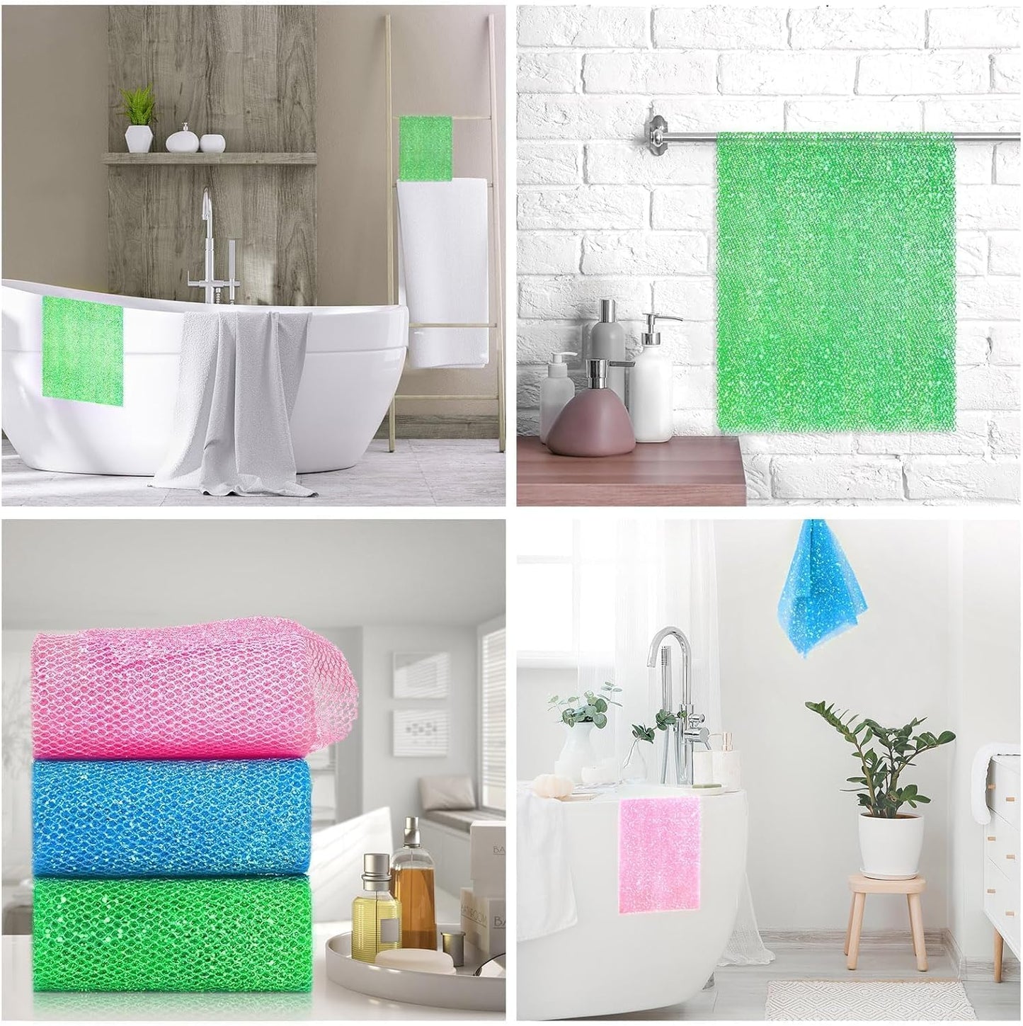 UJFQBH Exfoliating Shower Set - 3 Piece Bright Style African Bath Sponges for Smooth Skin | Bright Pink, Blue, Green
