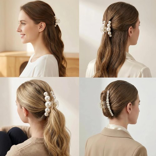Hair Clips for Women, Large Pearl Hair Claw Clip Set Strong Hold No Slip, Banana Jaw Clip Barrettes, Hair Accessories Birthday Wedding Mothday’s Day Gift for Girl Wife Styling Thick Thin (4 PCS)