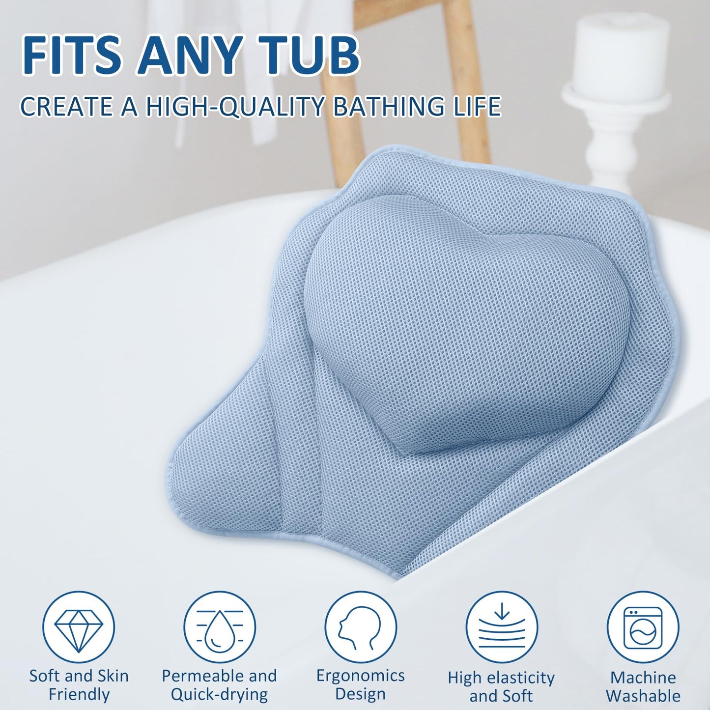 LuxStep Bath Pillow-Bathtub Pillow with Air Mesh Fabric & 6 Non-Slip Suction Cups, Bath Pillows for Tub Head, Neck and Back Support, Bath Accessories Spa Gifts, 17 * 17in, Blue