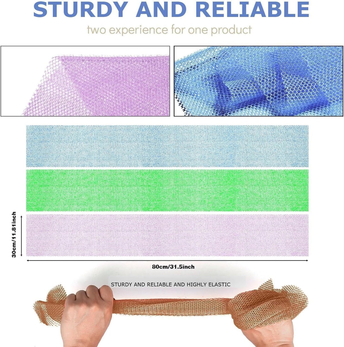 UJFQBH African Bath Sponge Set - Exfoliating Long Net Body Scrubber | 3 Pieces in Pale Purple, Blue, Green