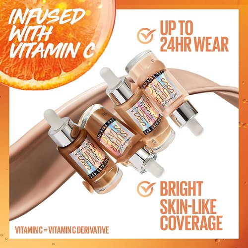 Maybelline Super Stay Skin Tint - 24HR Radiant Light-to-Medium Coverage Foundation with Vitamin C, 120