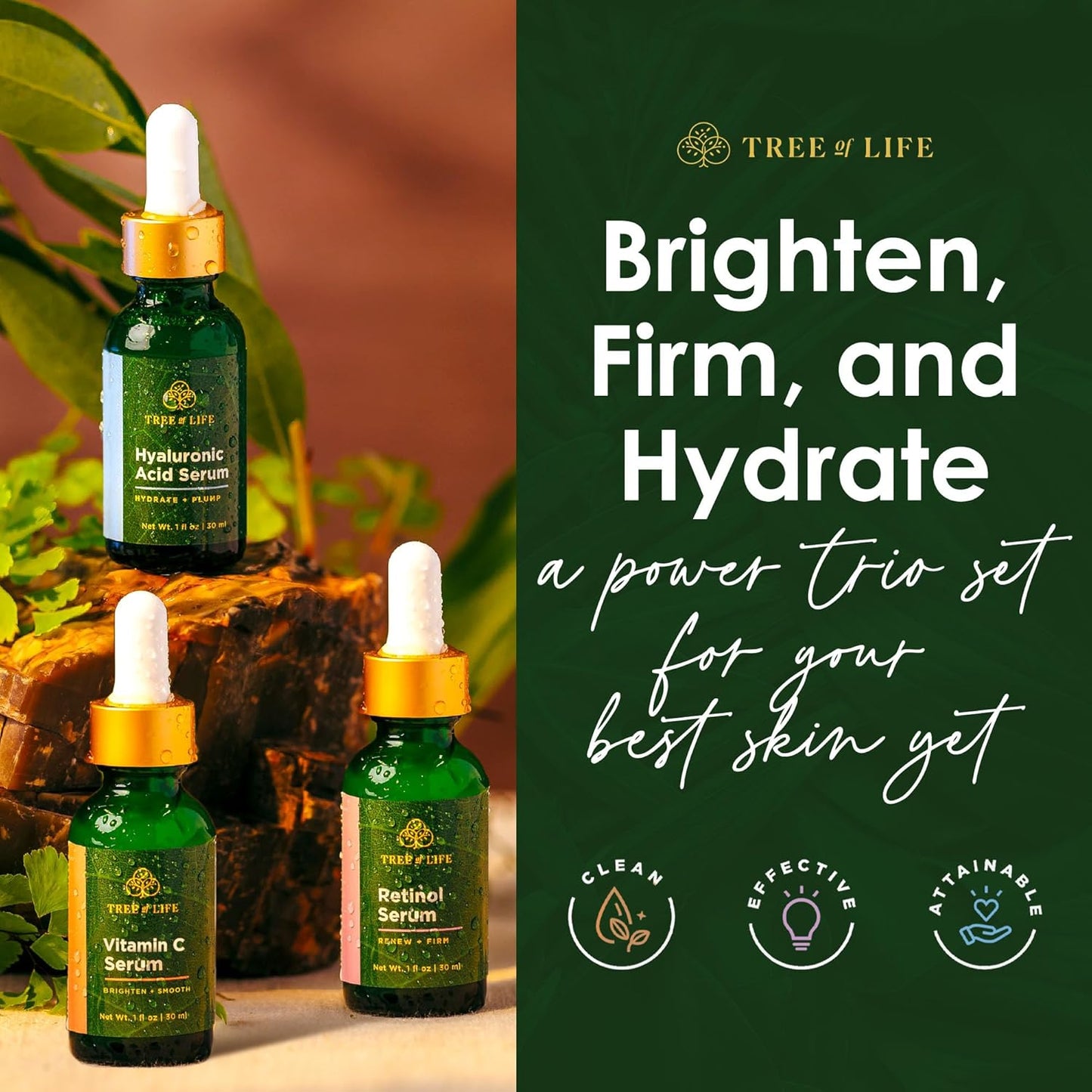 Tree of Life Beauty Facial Skin Care Set - Brightening & Hydrating Serums with Vitamin C, Retinol & Hyaluronic Acid | 1 Fl Oz (Pack of 3)