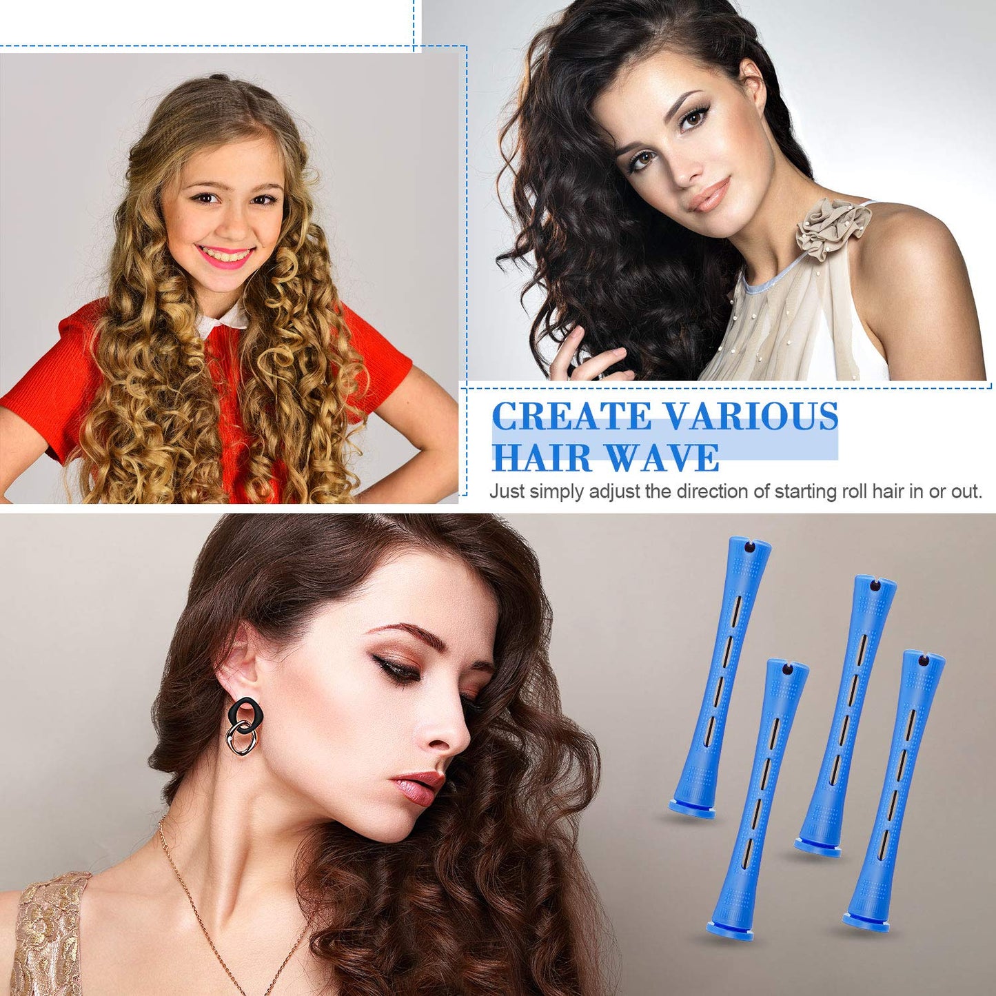 WILLBOND Hair Perm Rods - 96 Pcs Heatless Curlers with 2 Steel Pintail Combs | 0.35 Inch, Blue