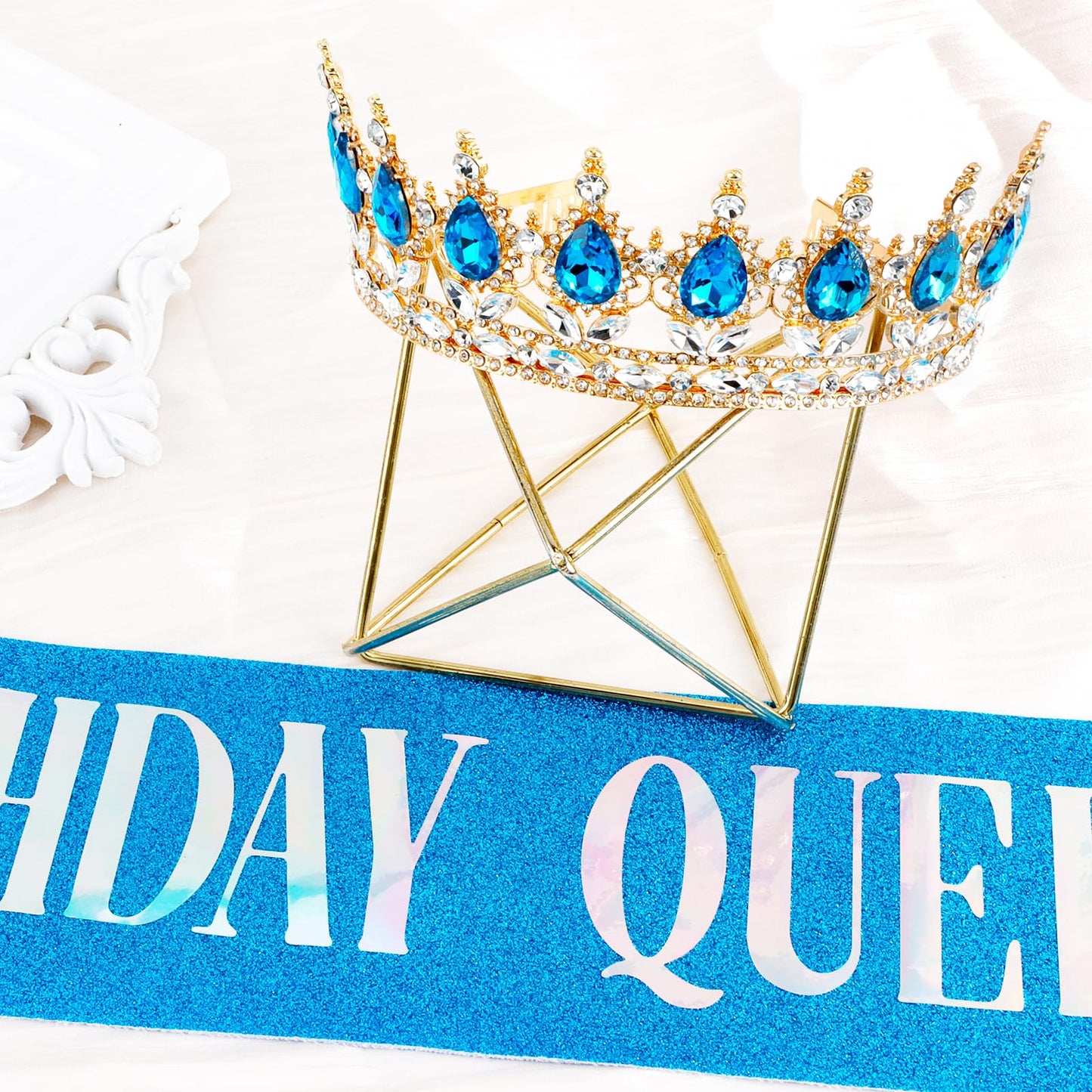 Vovii Birthday Crown & Sash Set for Women, Blue Tiara & Birthday Queen Sash for Women Birthday Decorations, Happy Birthday Party Decorations for Birthday Crown Adult Woman