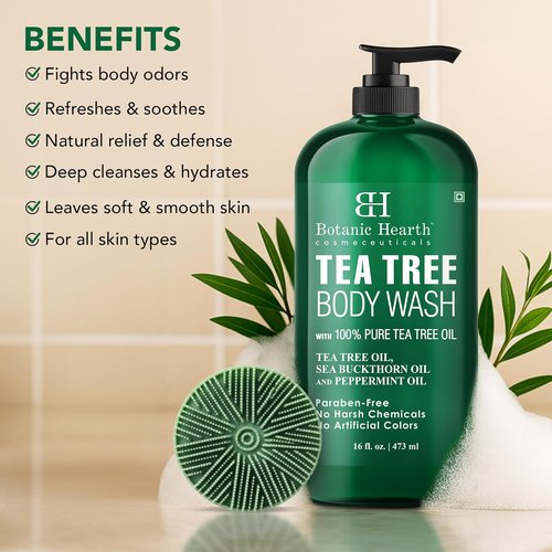 Botanic Hearth Tea Tree Body Wash - Infused with 100% Pure Tea Tree Oil & Coconut | Includes Dual-Sided Brush | 16 fl oz