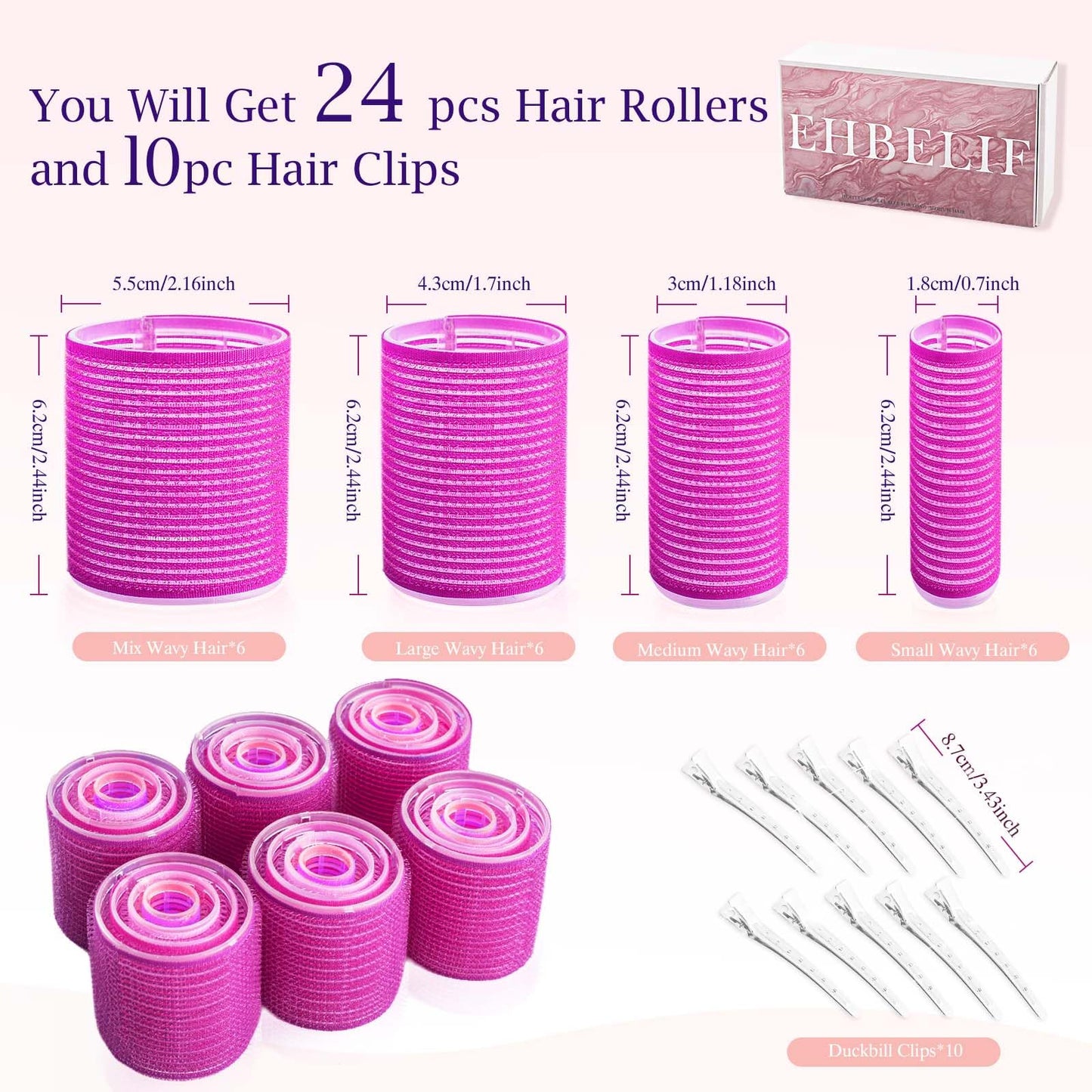 EHBELIF Jumbo Hair Rollers Set with Clips 34Pcs Rollers Hair Curlers Blowout Look Hair Roller (Rose Red)