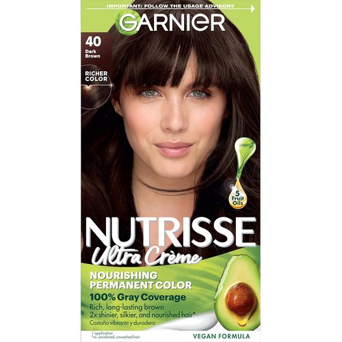 Garnier Nutrisse Ultra Crème Hair Color - Permanent Vegan Hair Dye with 100% Gray Coverage | 40 Dark Brown (Dark Chocolate)