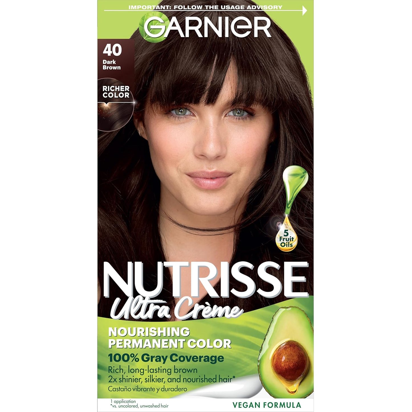 Garnier Nutrisse Ultra Crème Hair Color - Permanent Vegan Hair Dye for 100% Gray Coverage | 40 Dark Brown (Dark Chocolate)