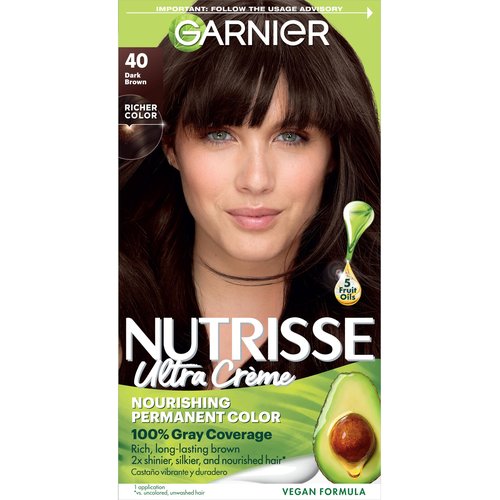 Garnier Nutrisse Ultra Crème Hair Color, Permanent Hair Dye with 100% Gray Coverage, Vegan & Cruelty-Free, 40 Dark Brown (Dark Chocolate), 1 Count