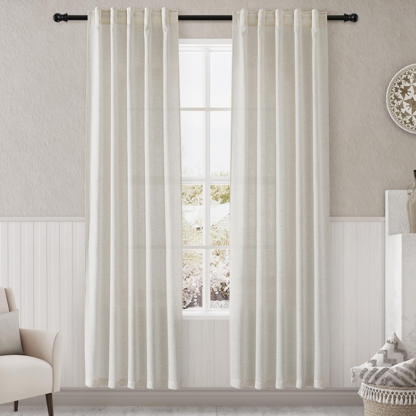 Nanspring Natural Linen Curtains for Kitchen Windows Over Sink - Cafe Curtain Semi Sheer with Rod Pocket and Back Tab Lightweight Rustic Textured Bistro Curtains for Bathroom, 2 Panels 25 x 24 Inch