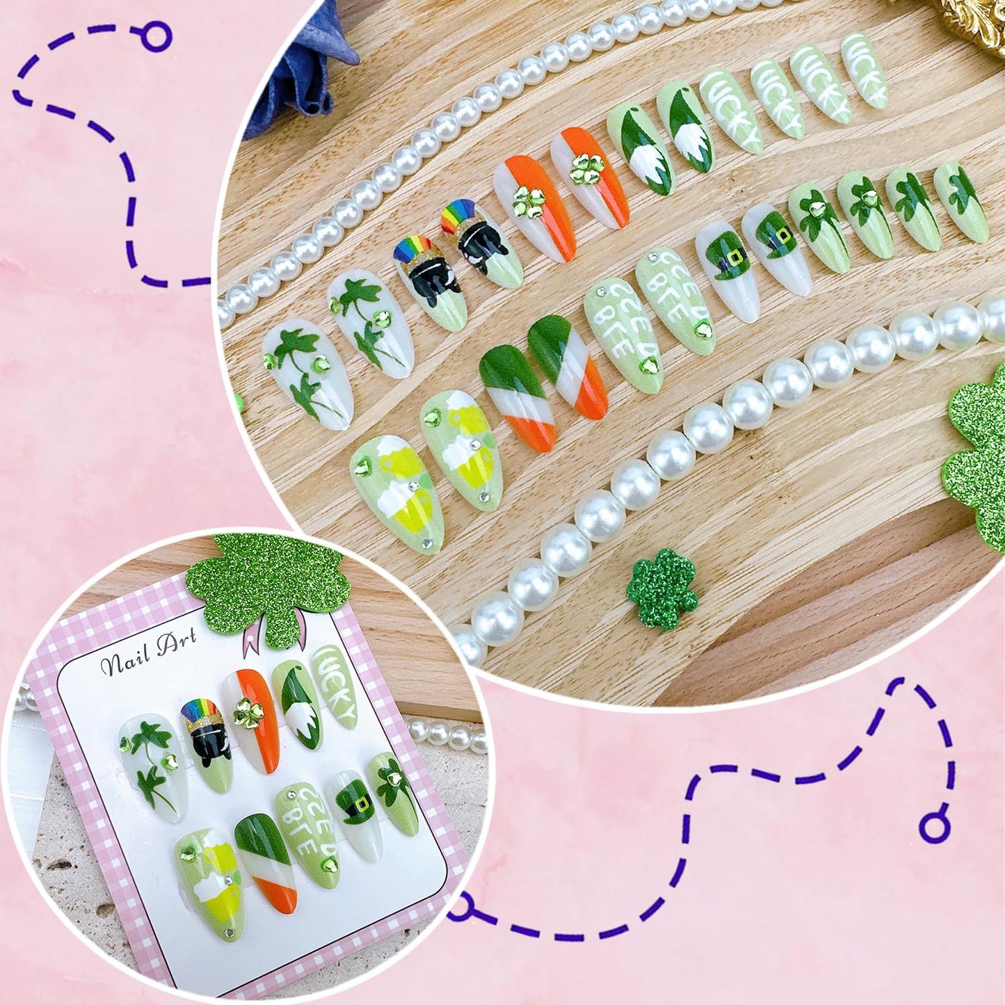 24Pcs St Patrick's Day Press on Nails Short Square Gold French Tip Fake Nails with Gold Rhinestones Horseshoe Rainbow Shamrocks False Nails St Patricks Day Acrylic Nails Irish Stick on Nails for Women