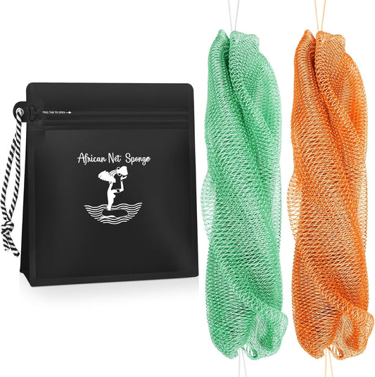 SeawaveTangerine African Net Sponge - Authentic Exfoliating Bath Scrubber | 2-Pack for Deep Cleansing