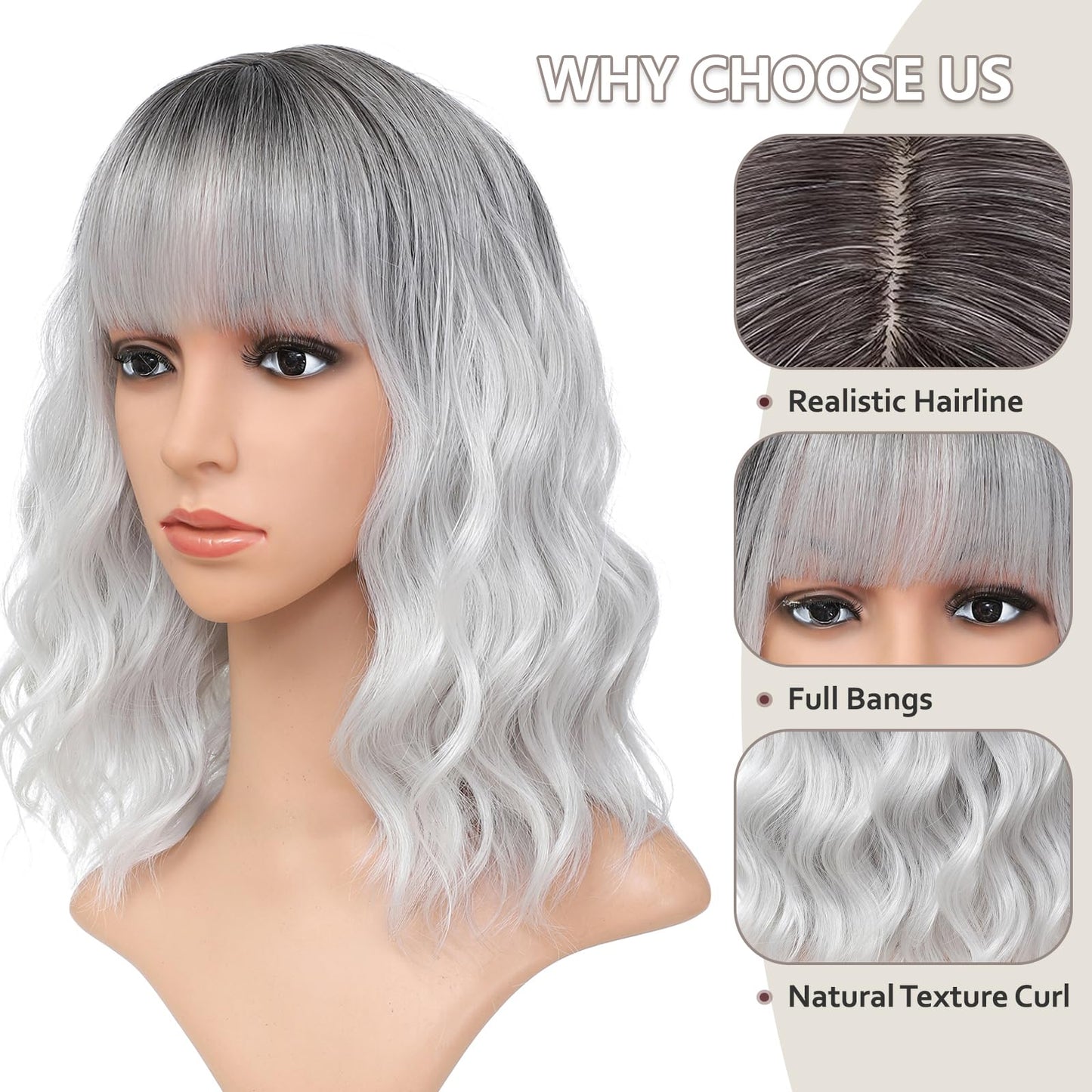 BEAUTIFA Silver Gray Wig with Bangs for Women 14 Inch Shoulder Length Short Bob Wavy Curly Wig White Grey Wig Heat Resistant Synthetic Wigs