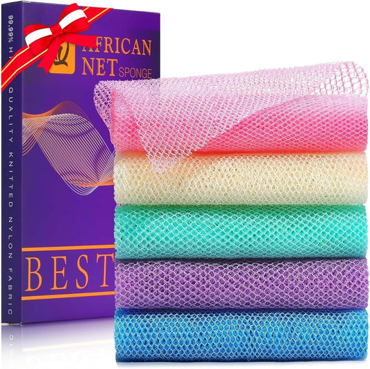 UJFQBH African Bath Sponge Set - 5 Exfoliating Net Scrubbers for Smooth Skin | Multi-Color Options