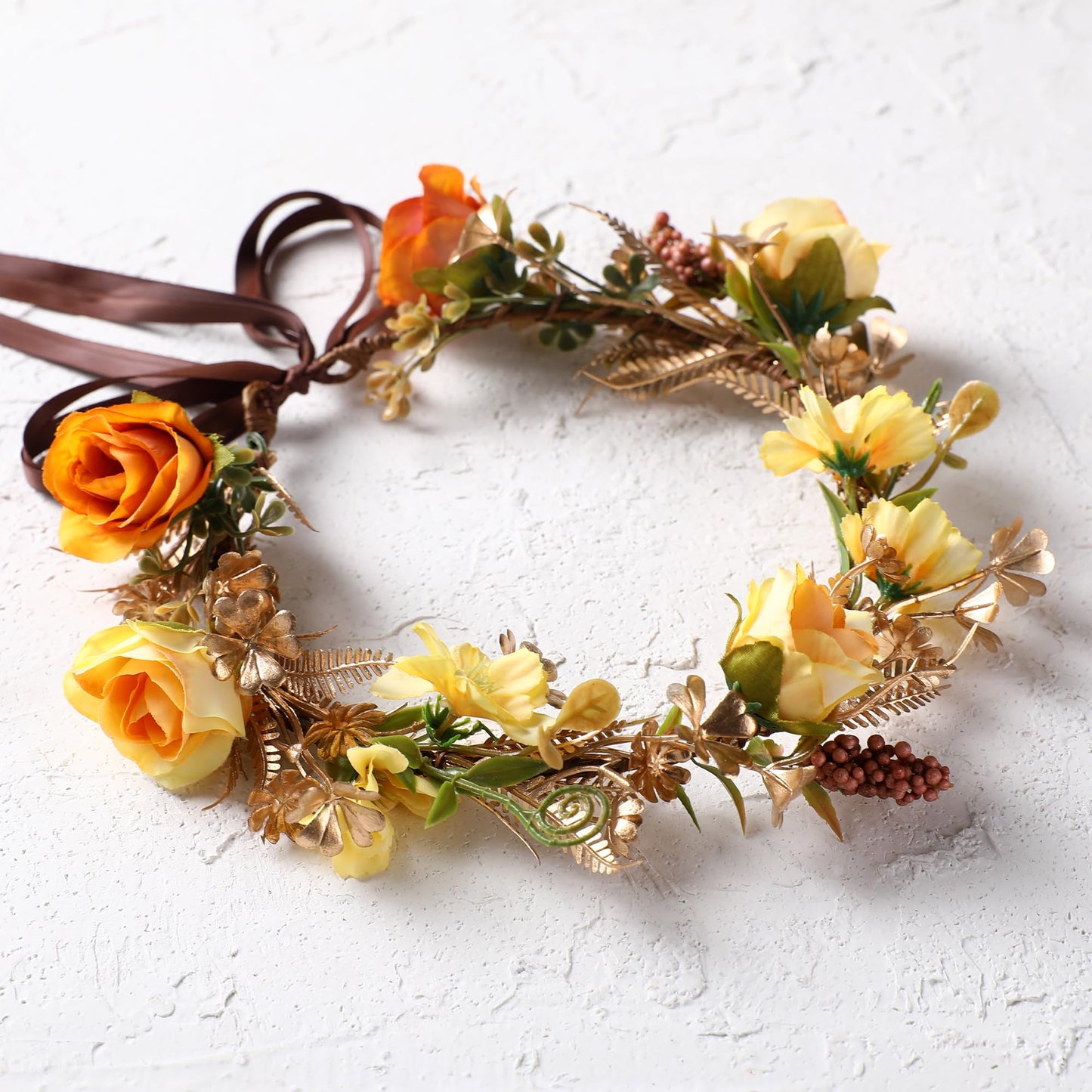 KorViSHOW Fairy Rose Flower Crown - Golden Leaves Autumn Yellow Flower Headband Fashion Boho Bridal Floral Headpiece Women Girls Vacation Party Festival Photo Prop