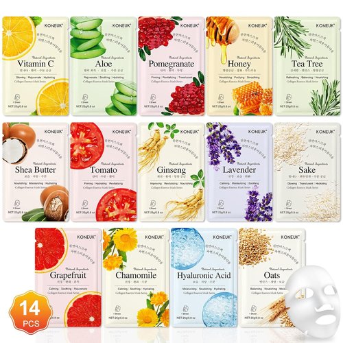 KONEUK 14 Pack Hydrating Face Masks - Nourishing Skincare for Dry Skin | Ideal Gift Set for Women