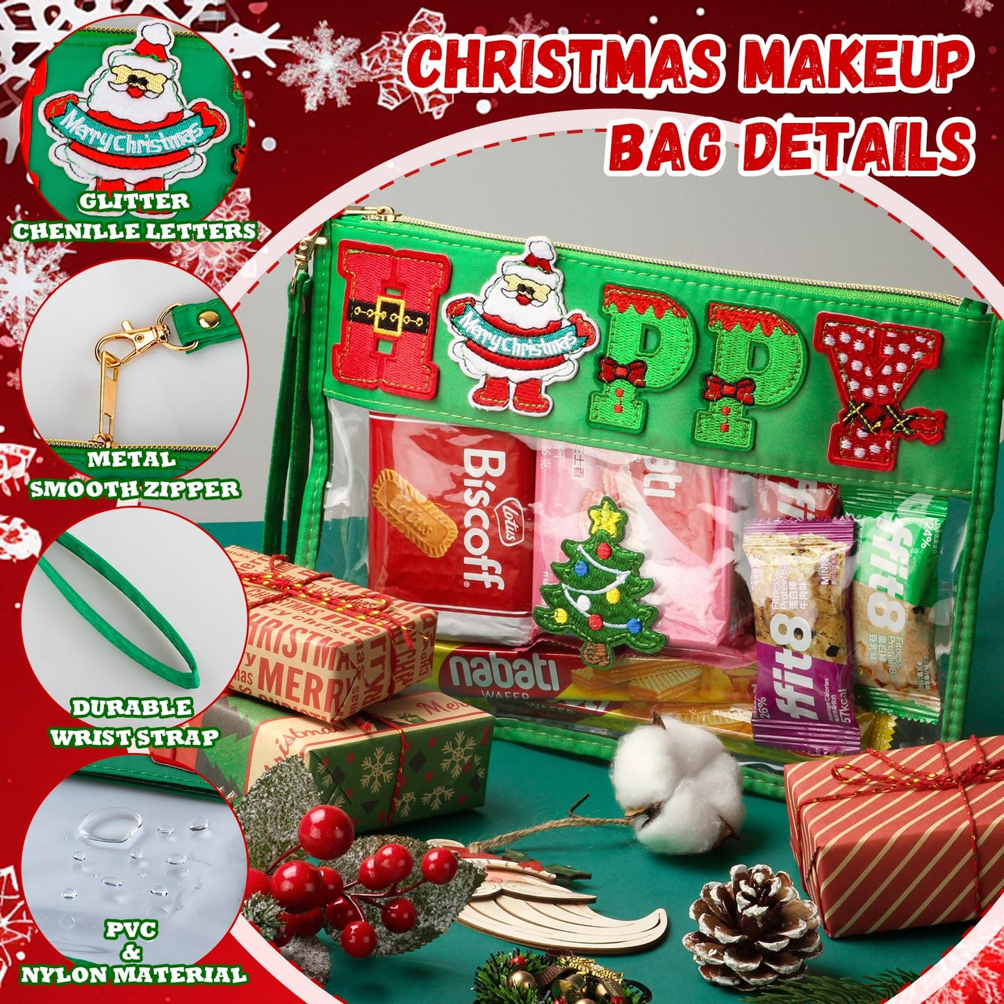 BuyCard 2 Pcs Christmas Gifts Cosmetic Makeup Bag with Chenille Letter Patch, Clear Pouch PVC Organizer Purse, Waterproof Travel Bag, Happy Santa Toiletry Storage Bag for Her Girls Friends Women