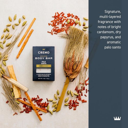 Cremo Exfoliating Body Bar for Men - Palo Santo Scent | Buffs, Cleanses & Hydrates Skin, 5oz