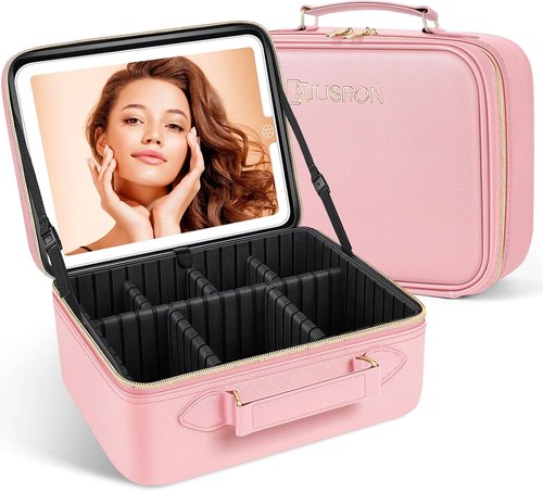 JUSRON Travel Makeup Bag - LED Mirror & Adjustable Dividers - Portable Organizer in Pink, Large