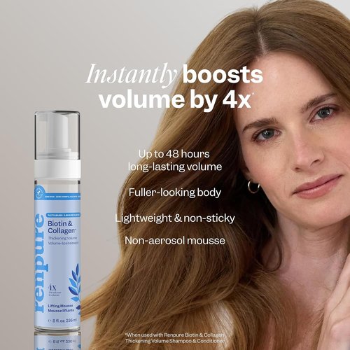 Renpure Biotin & Collagen Mousse - Lightweight, Non-Sticky Foam for Fuller Hair - 8 Fl Oz
