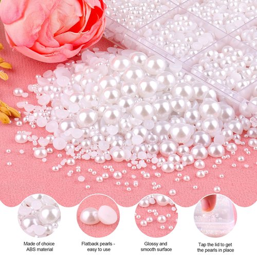 14000Pcs Flatback Pearls for Crafting (White), Assorted Size 2/3/4/5/6/8/10mm Half Pearl Bead Gems with 3Pcs 10ml B7000 Jewelry Glue, Bedazzling Kit for Crafts Shoes Graduation Cap Nail Art