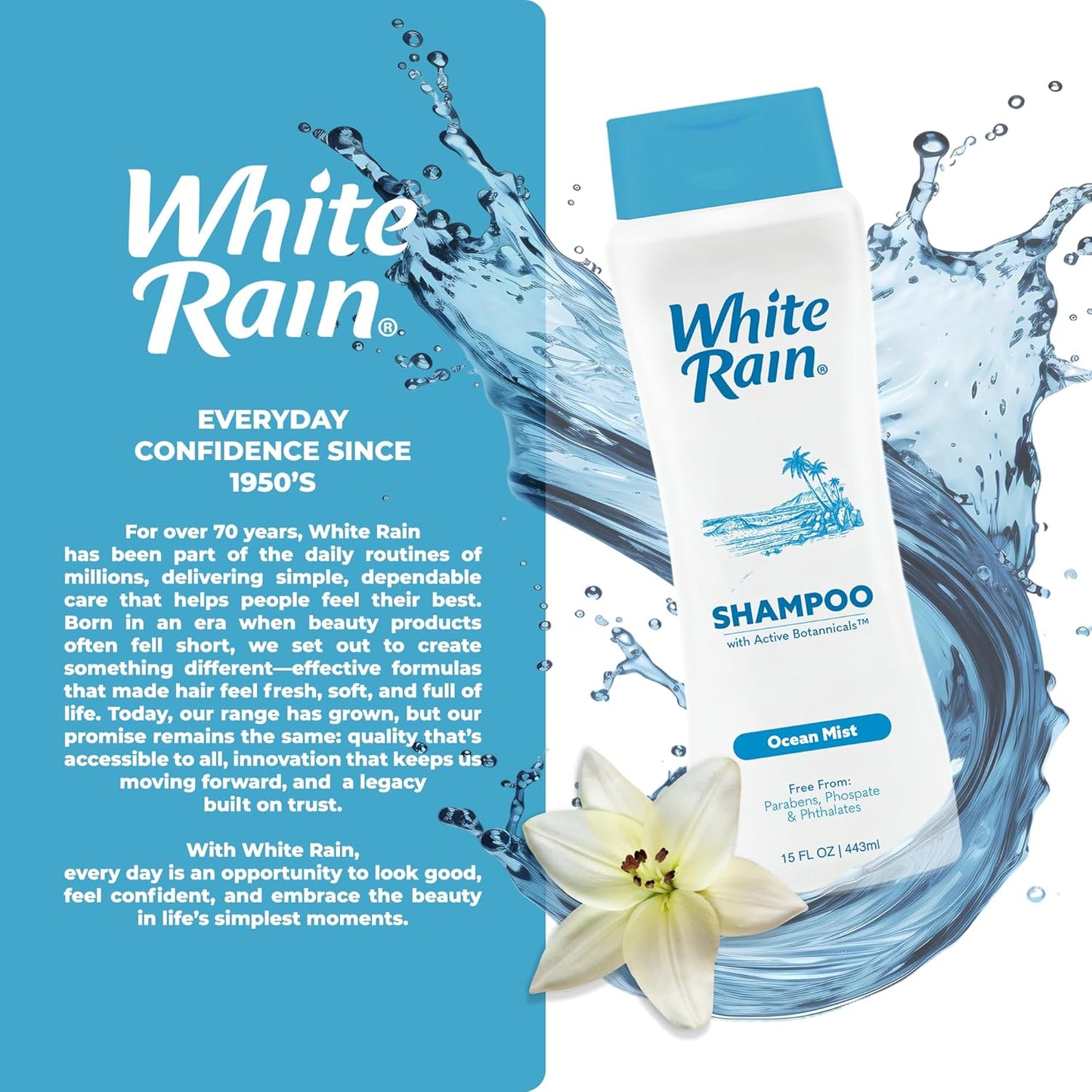 White Rain Moisturizing Shampoo - Ocean Mist Scent, 15 fl oz | Hydrating & Paraben-Free for Men & Women
