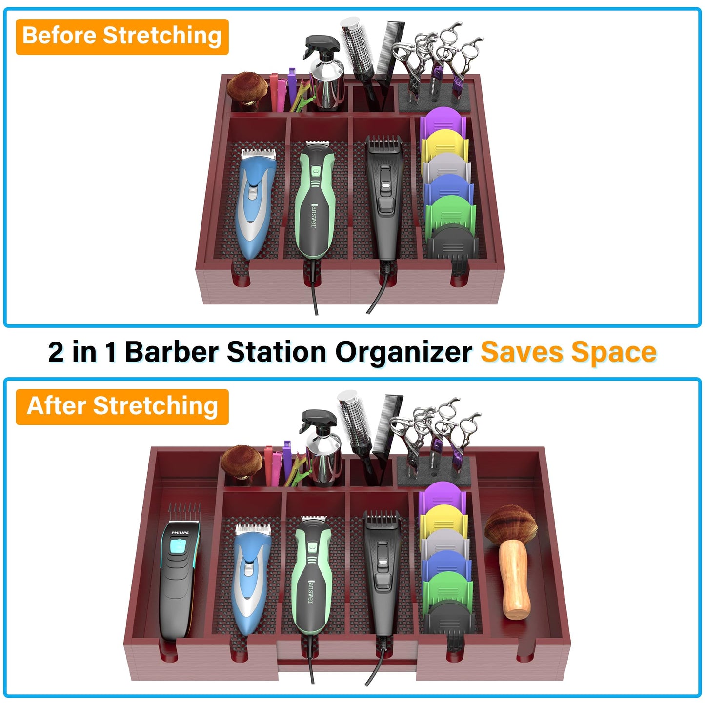 Invech Wooden Barber Clipper Tray with 6 Notches, Anti-slip Barber Station Organizer, Push-pull Hair Clipper Holder and Shaver Storage Box
