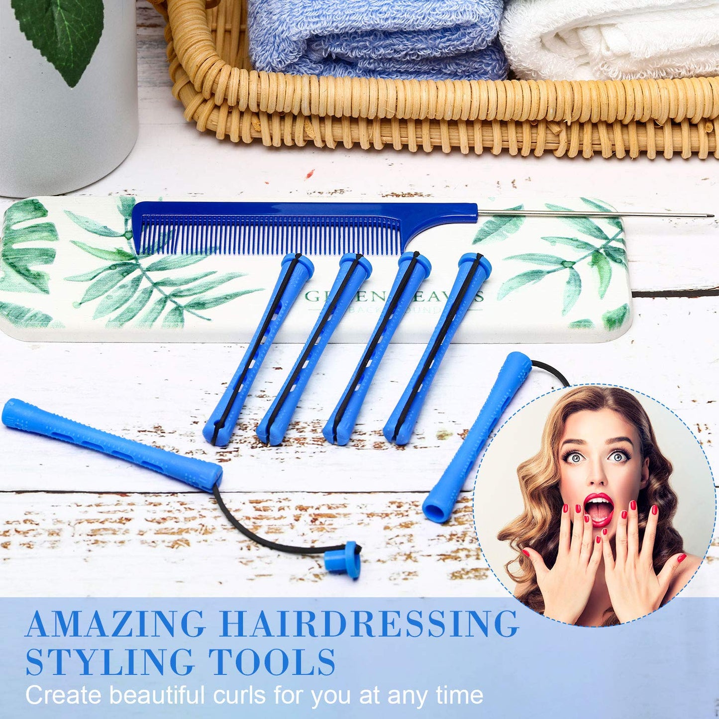 WILLBOND Hair Perm Rods - 96 Pcs Heatless Curlers with 2 Steel Pintail Combs | 0.35 Inch, Blue