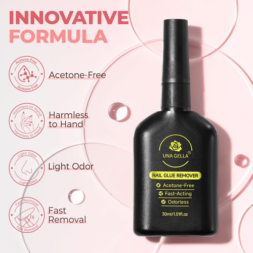 UNA GELLA Press On Nail Glue Remover Built-in-crowbar 30ML Acetone-Free Gentle Soak Off Gel Nail Glue Polish Remover for Nail Tip Adhesive Glue Easily Home DIY Not for U/V Nail Polish