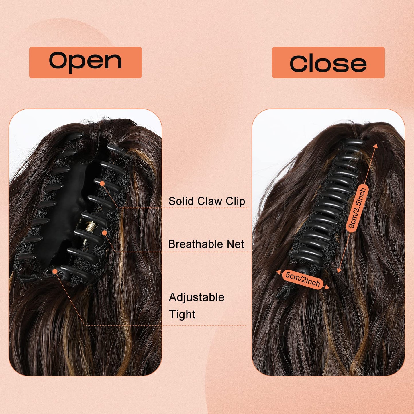 SEIKEA 18" Highlight Ponytail Extension, PT002 Tia Claw Long Multi Layered Fluffy Thick Wavy Curly Jaw Clip in Fake Pony Tails Fake Hair Soft Synthetic Hairpiece Chocolate Brown Blonde Highlights