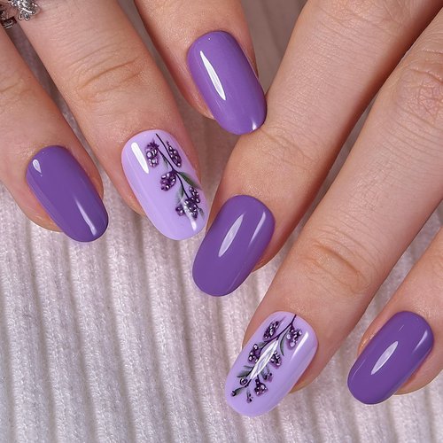 Curvlife Tip Press on Nails Acrylic Fake Nails with Design Full Cover False Nails for Women Reusable Nail Kit with Nail Glue Adhesive Tabs Nail File (Purple orchid, Medium)