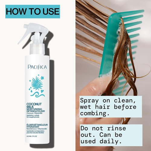 Pacifica Coconut Milk Hair Detangler Spray - Leave-In Conditioning Elixir for Tangle-Free Hair - Instantly Detangles, Adds Shine & Moisture, Prevents Breakage & Frizz | Vegan & Cruelty-Free