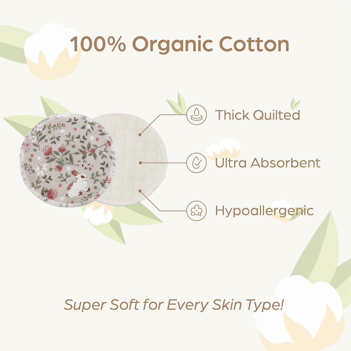 Handmade by AVO - 8 Reusable Pads, Makeup Remover, Quilted Organic Cotton Rounds, Pads Facial Rounds Fabric Pouch Laundry Bag (Rabbit)