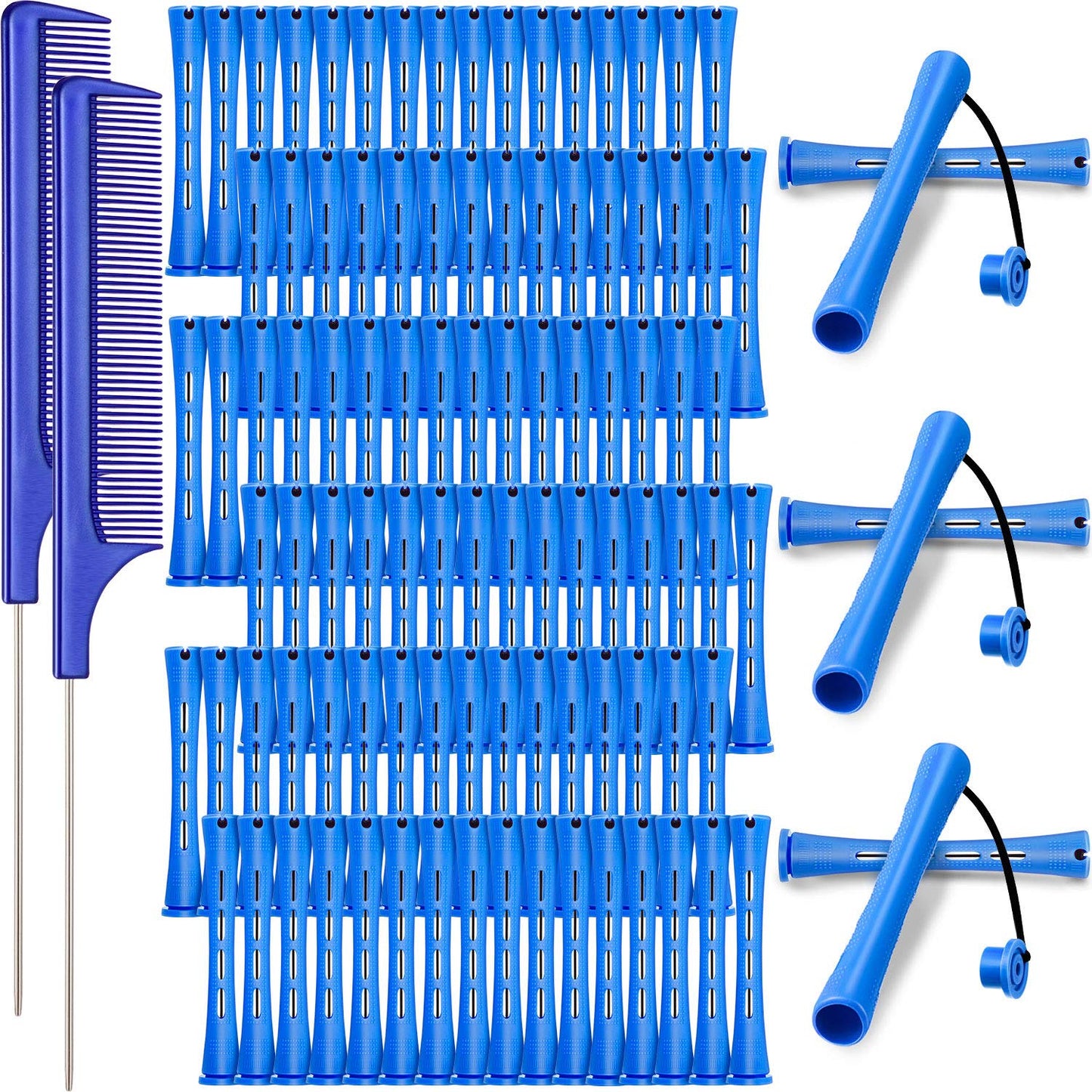 WILLBOND Hair Perm Rods - 96 Pcs Heatless Curlers with 2 Steel Pintail Combs | 0.35 Inch, Blue