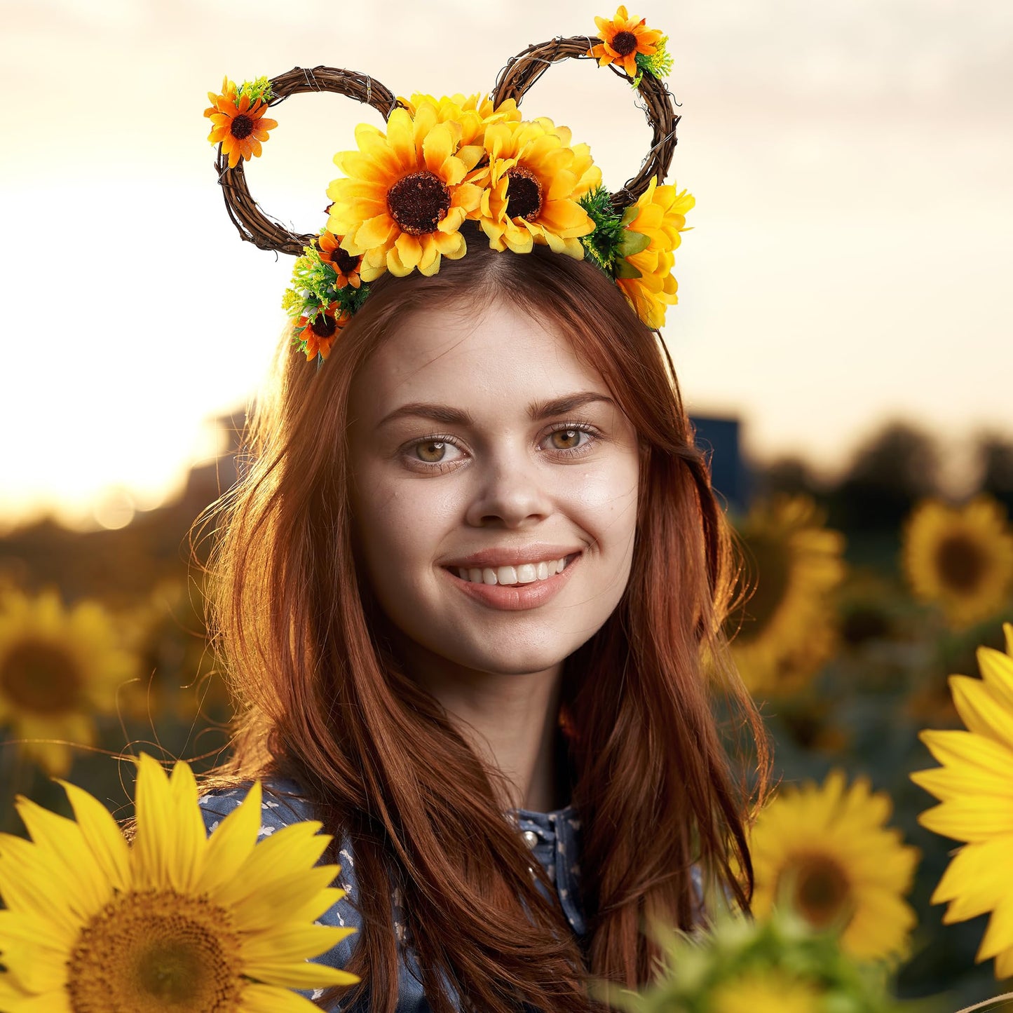 VISSTREE LED Sunflower Mouse Ears Light Up Headband Adult - Lightweight Yellow Flower Branches Mouses Ears Headband for Women Girls Hair Halloween Costume