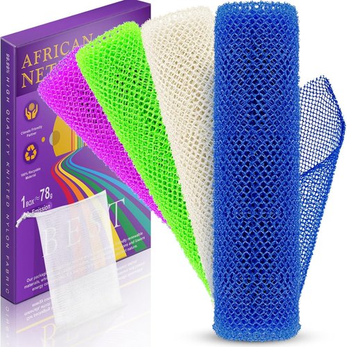 African Bath Sponge | 4-Piece Exfoliating Net Bath Sponge Set for Silky Smooth Skin - Blue, Green, Purple, White